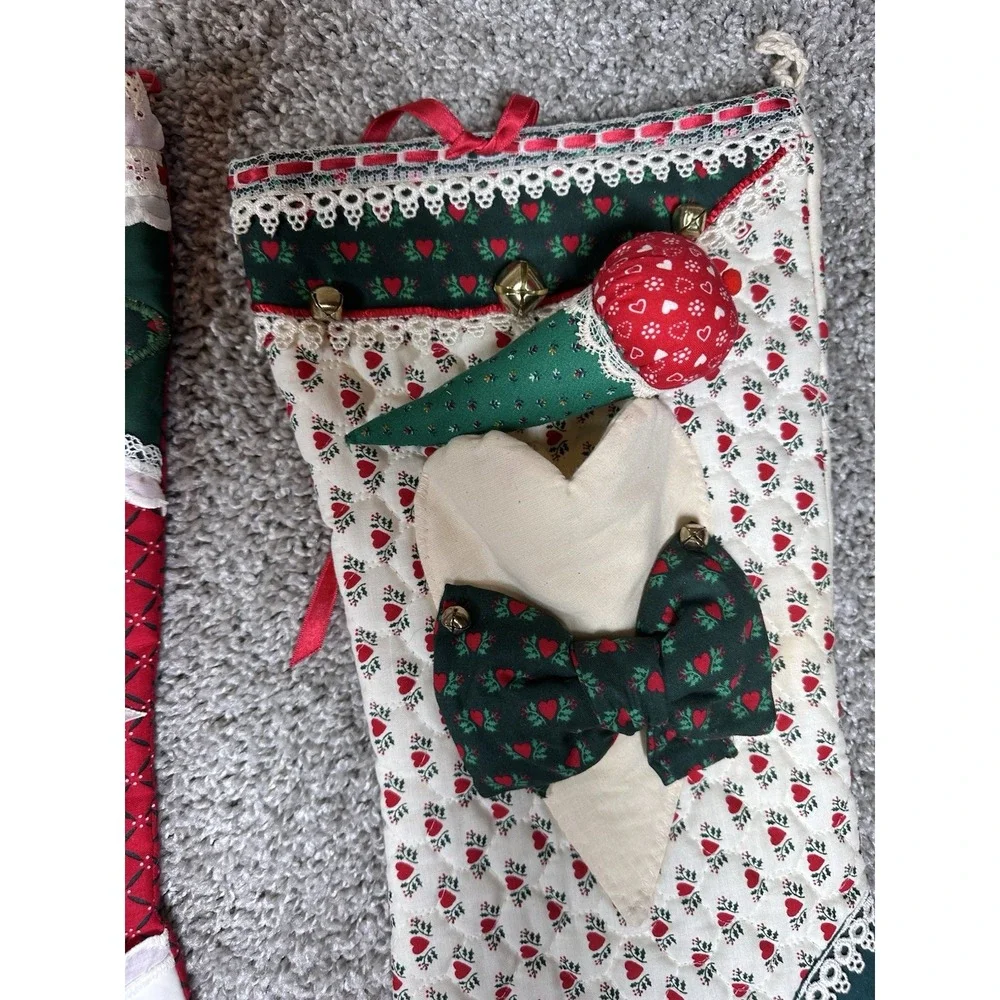 Vintage Handmade Quilted Christmas Stockings Lot of 4 Bells Lace Hearts‎